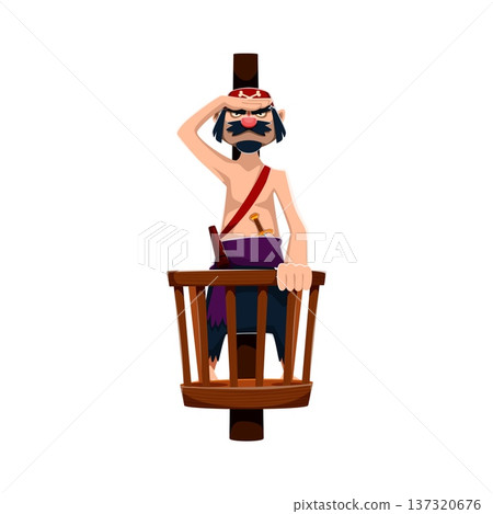 Brave pirate sailor cartoon character. Serious, slender pirate with black beard and mustache, red bandana, and dagger at his belt, gazing from the ship's mast. Cartoon vector personage for kids party Brave pirate sailor cartoon character. Serious, slender pirate with black beard and mustache, red bandana, and dagger at his belt, gazing from the ship's mast. Cartoon vector personage for kids party 137320676