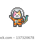 A cute, dreamy cat wearing a space suit raising its hand in a pixelated picture 137320678