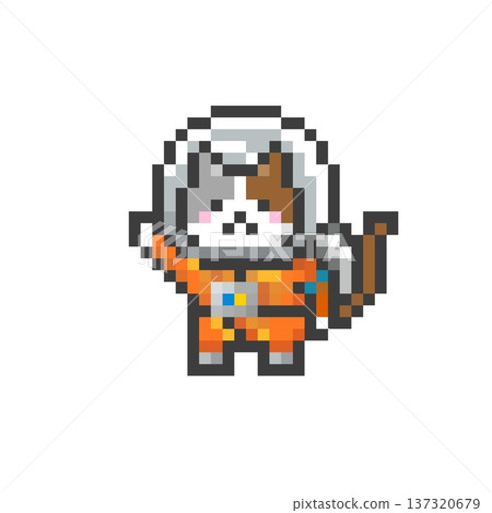 Pixel art calico cat in a space suit raising his paw 137320679
