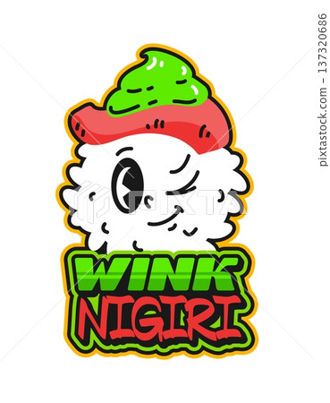 Japanese food nigiri sushi retro Y2K sticker or tag. Japanese cuisine meal Y2K label, Japan seafood delicacy vector sticker. Asian menu gourmet tag with winking nigiri sushi cute emoji character 137320686