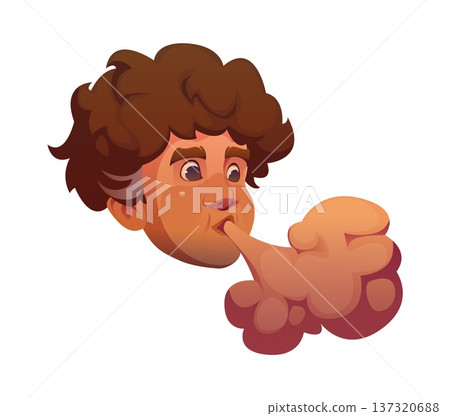 Cartoon wind symbol from pirate map shows a curly haired face blowing strong air puff forming soft rounded clouds. Vector retro fantasy navigation symbol, weather character icon for sea adventure 137320688