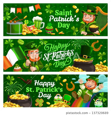 Happy St Patrick Day holiday banners of cartoon leprechaun characters, lucky shamrock clovers and gold pots. St Patrick Day vector greeting banners with Irish holiday party green beer and flags Happy St Patrick Day holiday banners of cartoon leprechaun characters, lucky shamrock clovers and gold pots. St Patrick Day vector greeting banners with Irish holiday party green beer and flags 137320689