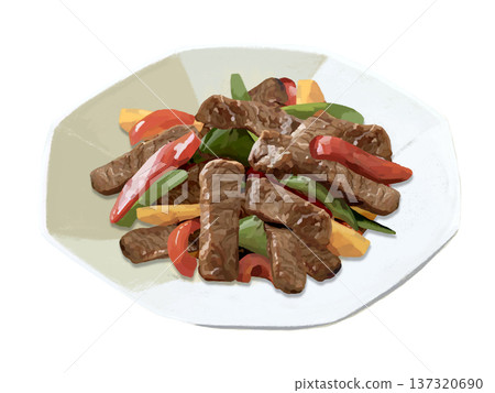 Beef and green pepper stir-fried with oyster sauce (octagonal plate) Beef and green pepper stir-fried with oyster sauce (octagonal plate) 137320690