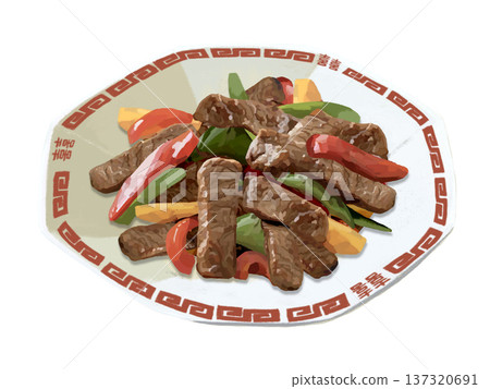 Beef and green pepper stir-fried with oyster sauce (red Chinese dish) 137320691