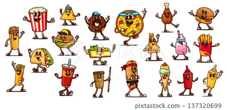Cartoon groovy fast food characters of retro hippie burgers, drinks and junk snacks. Vector groovy fast food hamburger, pizza and chicken, cute ice cream, hot dog, soda and taco, popcorn and coffee Cartoon groovy fast food characters of retro hippie burgers, drinks and junk snacks. Vector groovy fast food hamburger, pizza and chicken, cute ice cream, hot dog, soda and taco, popcorn and coffee 137320699