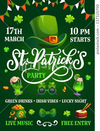 Happy St Patrick Day party flyer. Vector Irish holiday green beer, leprechaun hat and shamrock clovers, lucky gold pot and flags cartoon poster. St Patrick Day party, drink and food festival flyer Happy St Patrick Day party flyer. Vector Irish holiday green beer, leprechaun hat and shamrock clovers, lucky gold pot and flags cartoon poster. St Patrick Day party, drink and food festival flyer 137320700