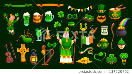 Happy Saint Patrick's Day cartoon characters and food game assets. Vector Ireland festival hat, cute leprechaun and St Patrick, lucky horseshoe, rainbow and gold pot. Irish shamrock clovers and coins Happy Saint Patrick's Day cartoon characters and food game assets. Vector Ireland festival hat, cute leprechaun and St Patrick, lucky horseshoe, rainbow and gold pot. Irish shamrock clovers and coins 137320702
