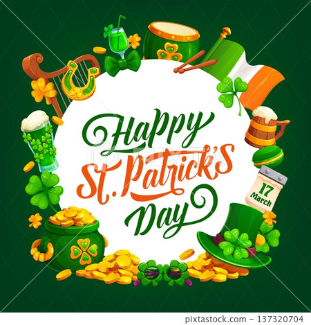 Happy St Patrick's day greeting card with Irish holiday items. Ireland folk holiday vector greeting card, St Patrick party banner with musical instruments, ale or beer, leprechaun pot of gold and hat Happy St Patrick's day greeting card with Irish holiday items. Ireland folk holiday vector greeting card, St Patrick party banner with musical instruments, ale or beer, leprechaun pot of gold and hat 137320704