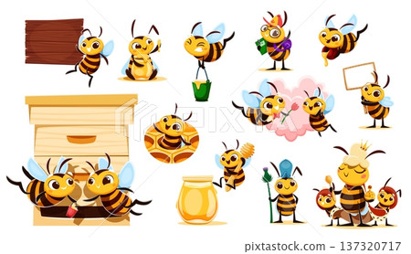 Cartoon funny bee characters flying with honey buckets near beehive at beekeeping farm. Vector cute bee workers and queen insect characters with honeycombs, honey jars, flowers and wood sign board Cartoon funny bee characters flying with honey buckets near beehive at beekeeping farm. Vector cute bee workers and queen insect characters with honeycombs, honey jars, flowers and wood sign board 137320717