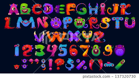 Cartoon bugaboo font, monsters type, funny bogle typeface, English scarecrow alphabet letters, punctuation marks and numbers showcase playful, whimsical, fantasy creatures for children fun learning 137320730