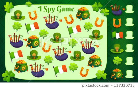 St Patrick Day I spy game worksheet with cartoon clovers, leprechaun hat and gold pot, lucky horseshoe, Ireland flag and bagpipe. Vector puzzle quiz of matching Irish St Patrick holiday objects St Patrick Day I spy game worksheet with cartoon clovers, leprechaun hat and gold pot, lucky horseshoe, Ireland flag and bagpipe. Vector puzzle quiz of matching Irish St Patrick holiday objects 137320733