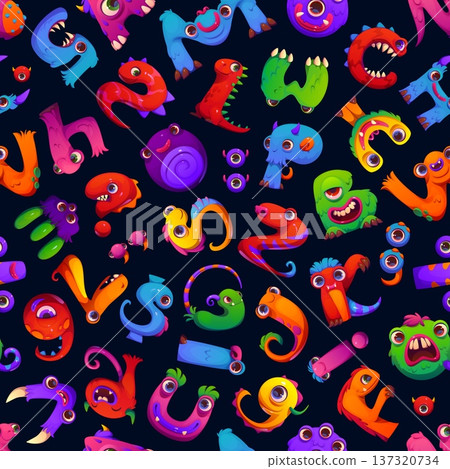 Cartoon bugaboo monster font seamless pattern. Vector bright background with English font letters, numbers or symbols. Tile for kids education, playful decor, alphabet learning, entertaining wallpaper Cartoon bugaboo monster font seamless pattern. Vector bright background with English font letters, numbers or symbols. Tile for kids education, playful decor, alphabet learning, entertaining wallpaper 137320734