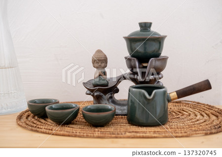 Tea drinking service. Chinese ceremony. Tool for preparation fresh beverage spiritual statue for ritual enlightenment meditation. 137320745
