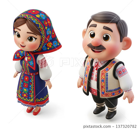 Cartoon couple in traditional Eastern European folk costumes smiling Cartoon couple in traditional Eastern European folk costumes smiling 137320782