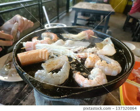 Barbecue grill shrimp pork mushroom street food dinner smoke dinner barbecue grill shrimp pork mushroom street food dinner 137320864