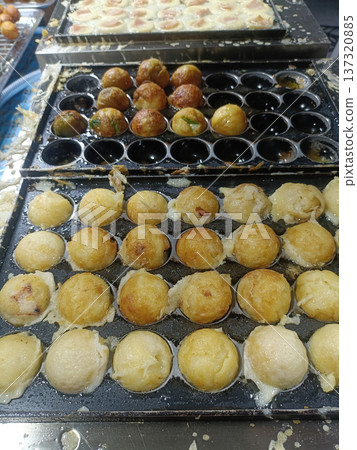 Street food snack ball grill market cooking pan closeup Japan delicious street food snack ball grill market cooking pan Street food snack ball grill market cooking pan closeup Japan delicious street food snack ball grill market cooking pan 137320885