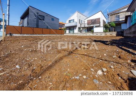 A vacant lot in a residential area with a blue sky (a planned site for building a home/subdivision) A vacant lot in a residential area with a blue sky (a planned site for building a home/subdivision) 137320898