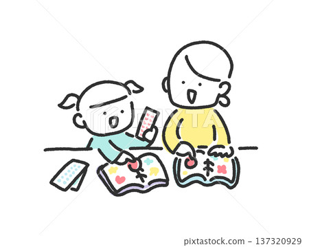 母親和女兒在玩貼紙書。親子互動。可愛的手繪線條畫。 母親和女兒在玩貼紙書。親子互動。可愛的手繪線條畫。 137320929