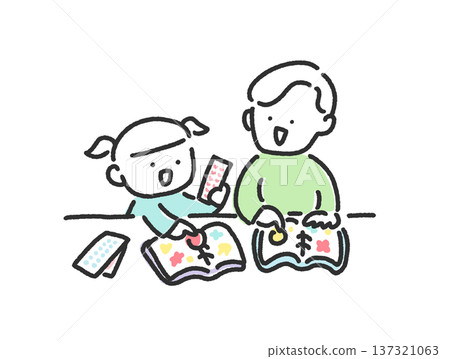 Father and daughter playing with stickers in a sticker book. Parent and child. Cute hand-drawn line drawing. 137321063