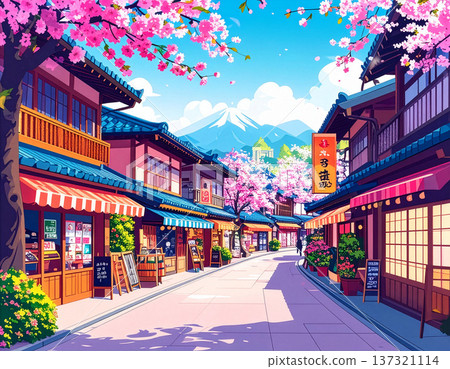 以普普藝術風格繪製的色彩繽紛的日本城市景觀插畫，包含招牌和商店。 137321114