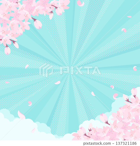 Cherry blossoms in full bloom and light blue concentration line background_square 137321186