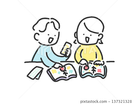 Men and women playing sticker exchange in a sticker book, couple, sticker activity, cute hand-drawn line drawing Men and women playing sticker exchange in a sticker book, couple, sticker activity, cute hand-drawn line drawing 137321328