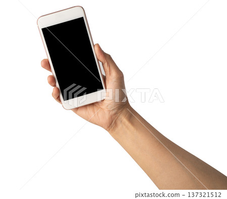 Asia woman hand holding mobile phone isolated on white background with clipping path. Asia woman hand holding mobile phone isolated on white background with clipping path. 137321512