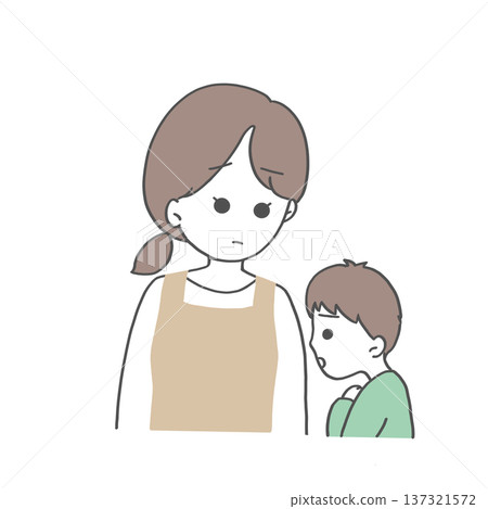一個男孩帶著憂慮地自言自語，他的母親在一旁關切地聽著。 137321572