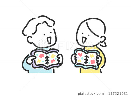 Men and women playing sticker exchange in a sticker book, couple, sticker activity, cute hand-drawn line drawing Men and women playing sticker exchange in a sticker book, couple, sticker activity, cute hand-drawn line drawing 137321981
