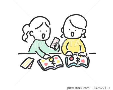 Two women exchanging stickers using a sticker book. Cute hand-drawn line drawing. 137322105
