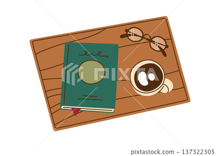 Open book with glasses, coffee cup on wooden table. Top view flat vector illustration. Cozy reading atmosphere, relaxation theme. Cartoon style for education, literature, leisure design Open book with glasses, coffee cup on wooden table. Top view flat vector illustration. Cozy reading atmosphere, relaxation theme. Cartoon style for education, literature, leisure design 137322305