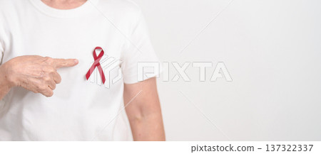 Elderly with Burgundy Ribbon for March Multiple Myeloma Cancer Awareness month, September Sickle Cell Anemia, Headache and Migraine week, April world Meningitis day, October Hospice Palliative care Elderly with Burgundy Ribbon for March Multiple Myeloma Cancer Awareness month, September Sickle Cell Anemia, Headache and Migraine week, April world Meningitis day, October Hospice Palliative care 137322337