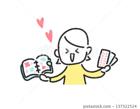 A smiling woman holding a sticker book and stickers. Happy. A smiling woman holding a sticker book and stickers. Happy. 137322524