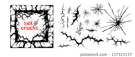 Ground crack . fissure for concrete, ice or stone wall effect. Realistic earthquake damage and road split for destruction or desert concept. . Hand drawn. Not AI, Vector isolated set. Ground crack . fissure for concrete, ice or stone wall effect. Realistic earthquake damage and road split for destruction or desert concept. . Hand drawn. Not AI, Vector isolated set. 137323137