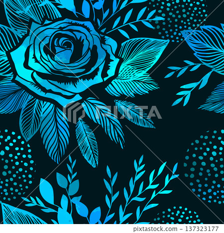 Seamless background with blue neon flowers rose. Hand drawn. Not AI, vector illustration Seamless background with blue neon flowers rose. Hand drawn. Not AI, vector illustration 137323177
