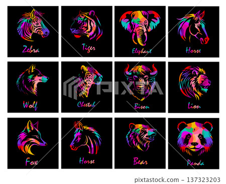 Heads of colorful animals. Hand drawn. Not AI, vector illustration. Heads of colorful animals. Hand drawn. Not AI, vector illustration. 137323203