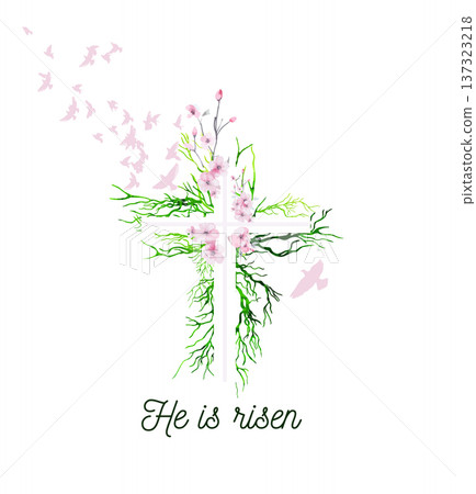 Religious cross with sakura flowers. Hand drawn. Not AI, vector illustration. He is risen Hand drawn. Not AI, vector illustration Religious cross with sakura flowers. Hand drawn. Not AI, vector illustration. He is risen Hand drawn. Not AI, vector illustration 137323218