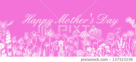 Simple pink floral background. Happy Mother's Day. Flowers in one line. Hand drawn. Not AI, vector illustration 137323236