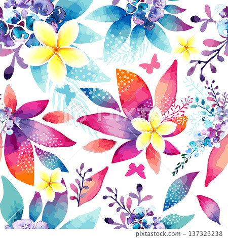 Seamless background with watercolor abstract flowers and Plumeria. Hand drawn. Not AI, vector illustration. 137323238