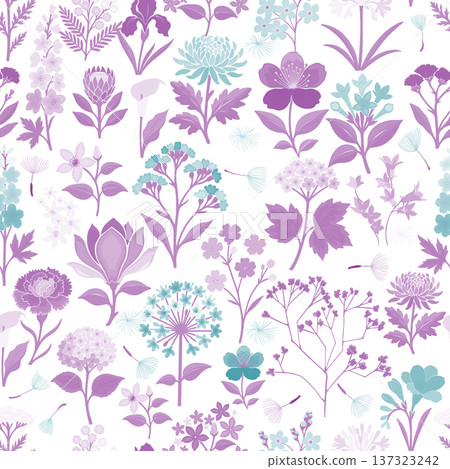 purple and light blue floral seamless pattern . Hand drawn. Not AI, vector illustration. purple and light blue floral seamless pattern . Hand drawn. Not AI, vector illustration. 137323242