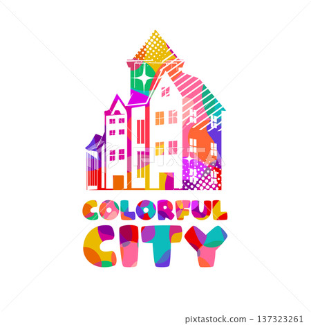 Colorful logo modern city skyline with skyscrapers in flat vector style on white background. Hand drawn Not AI, vector illustration. Colorful logo modern city skyline with skyscrapers in flat vector style on white background. Hand drawn Not AI, vector illustration. 137323261