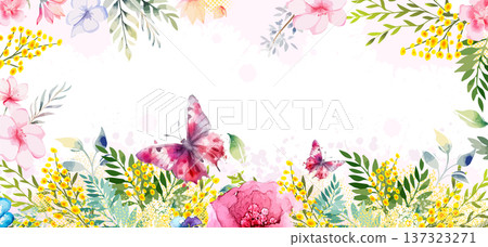 Horizontal long floral spring frame with mimosa . Hand drawn. Not AI, vector illustration 137323271