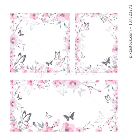 Frame with sakura flowers. Beautiful cherry blossom flower vector illustration. Hand drawn. Not AI, 137323273