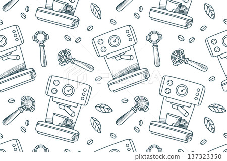 Black and white seamless pattern with espresso machines, portafilters and coffee beans. Hand drawn doodle illustration. Coffee brewing equipment background for cafe design, packaging, menus 137323350
