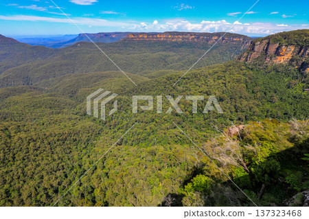 Scenic view of Jamison Valley from Echo Point lookout in the Blue Mountains National Park near Katoomba. Scenic view of Jamison Valley from Echo Point lookout in the Blue Mountains National Park near Katoomba. 137323468