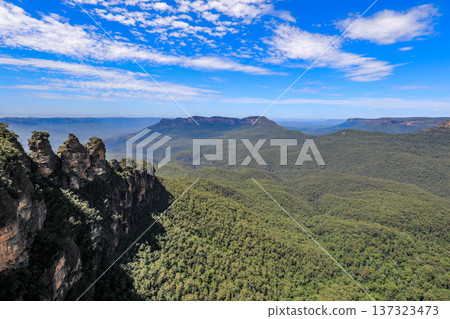 Scenic view of Jamison Valley from Echo Point lookout in the Blue Mountains National Park near Katoomba. Scenic view of Jamison Valley from Echo Point lookout in the Blue Mountains National Park near Katoomba. 137323473