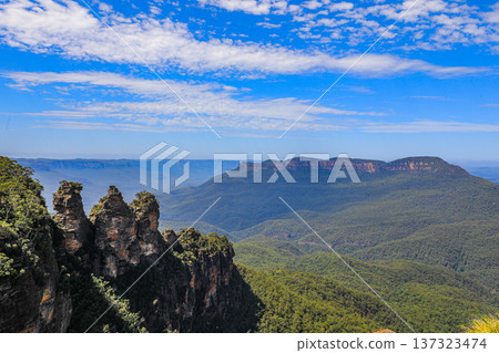 Scenic view of Jamison Valley from Echo Point lookout in the Blue Mountains National Park near Katoomba. 137323474