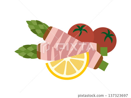 蘆筍裹上培根、番茄和檸檬的扁平化插圖（白色背景） 137323697