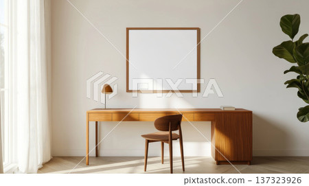 minimalist mid century interior with wooden desk and chair 137323926