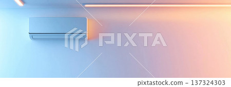 modern air conditioner mounted on minimalist wall with soft blue and orange lighting 137324303